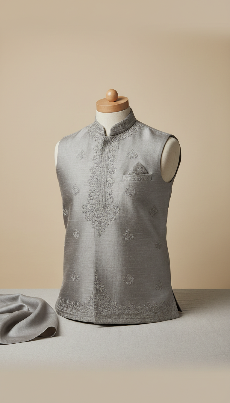 Stone grey embroidered Boski waistcoat